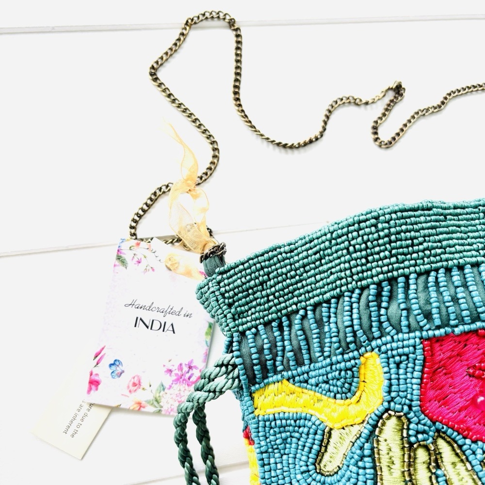 TikTok Viral India Beaded Bucket Bag Floral Embroidered Tassels Teal Crossbody - Picture 6 of 11